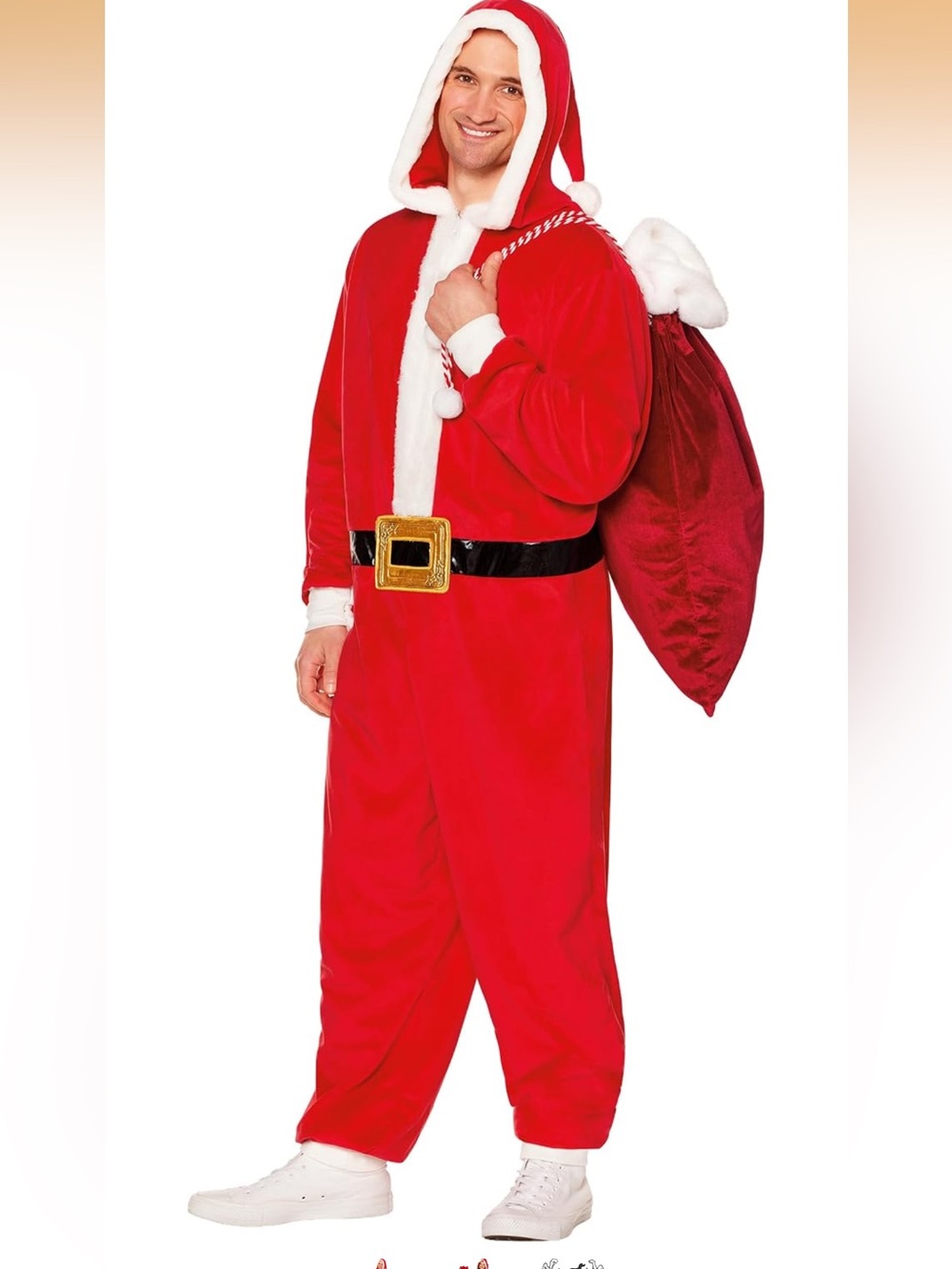 SZ S/M Unisex Spirit Halloween Adult Santa Hooded Jumpsuit Costume-Attached Hood
